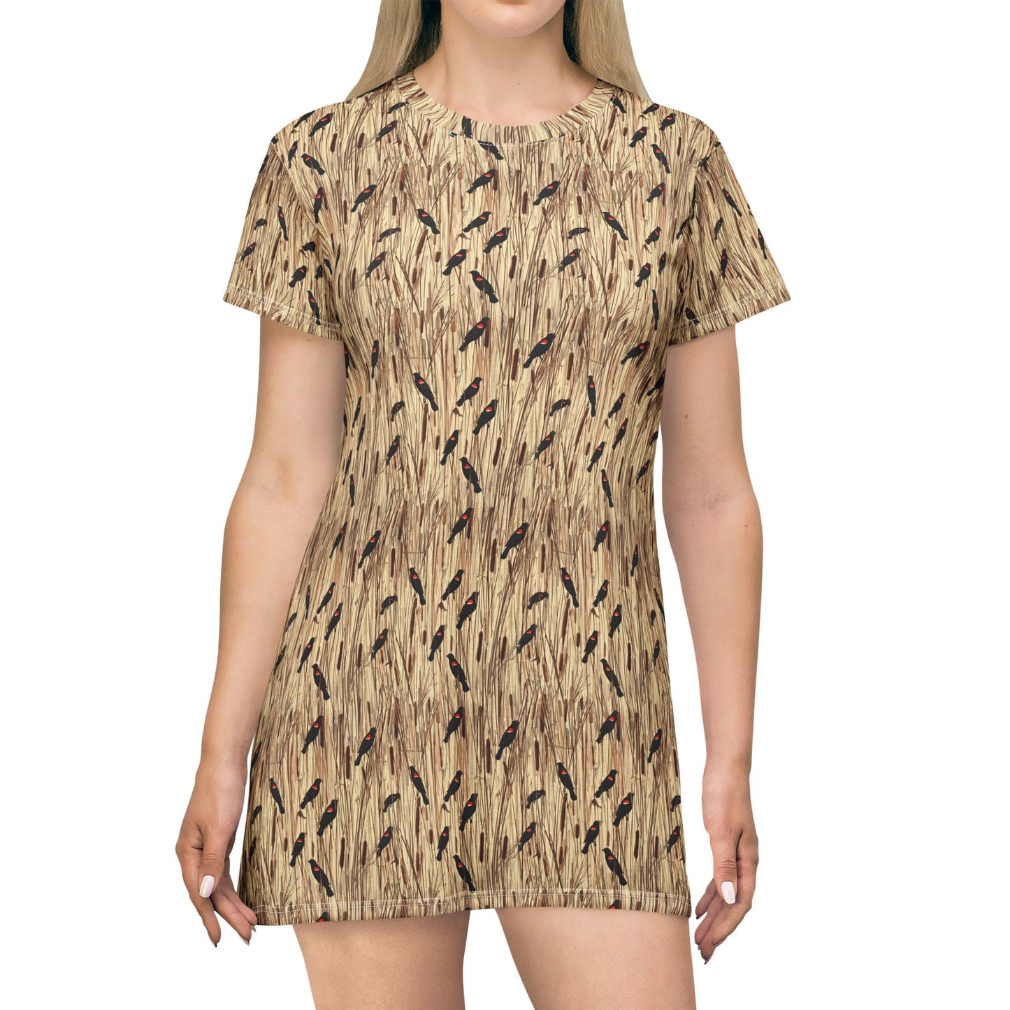 Redwinged Blackbirds and Cattails design T-Shirt Dress for Outdoor Enthusiasts