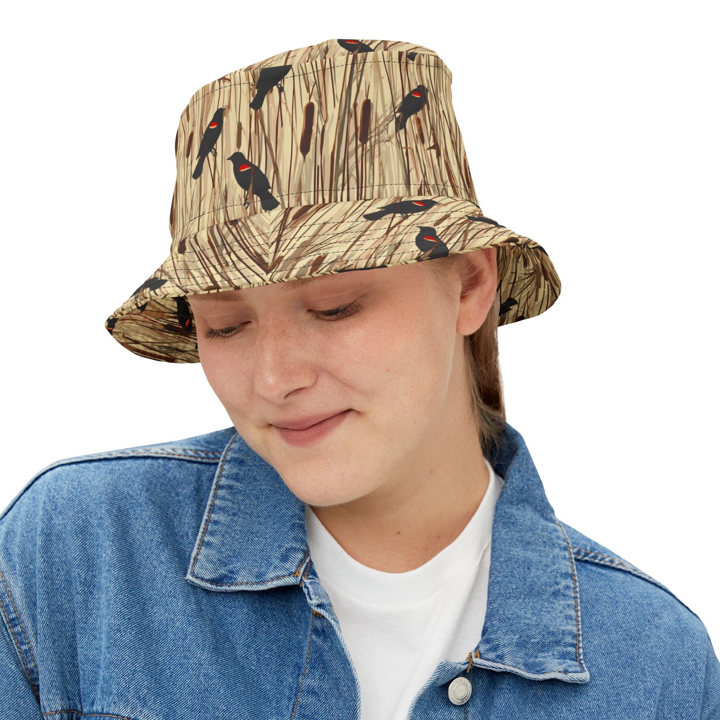 Redwinged Blackbirds and Cattails design Bucket Hat - Fun Golf Enthusiast Cap