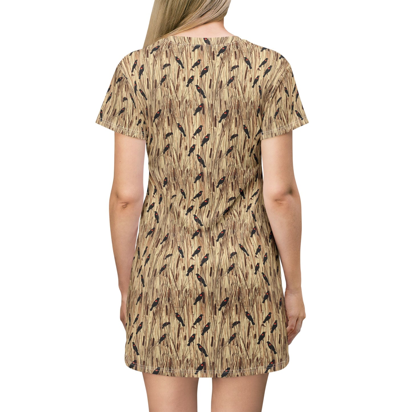 Redwinged Blackbirds and Cattails design T-Shirt Dress for Outdoor Enthusiasts