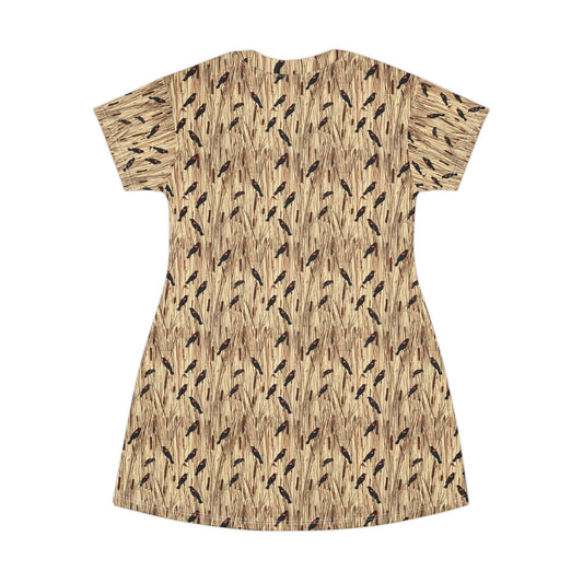 Redwinged Blackbirds and Cattails design T-Shirt Dress for Outdoor Enthusiasts