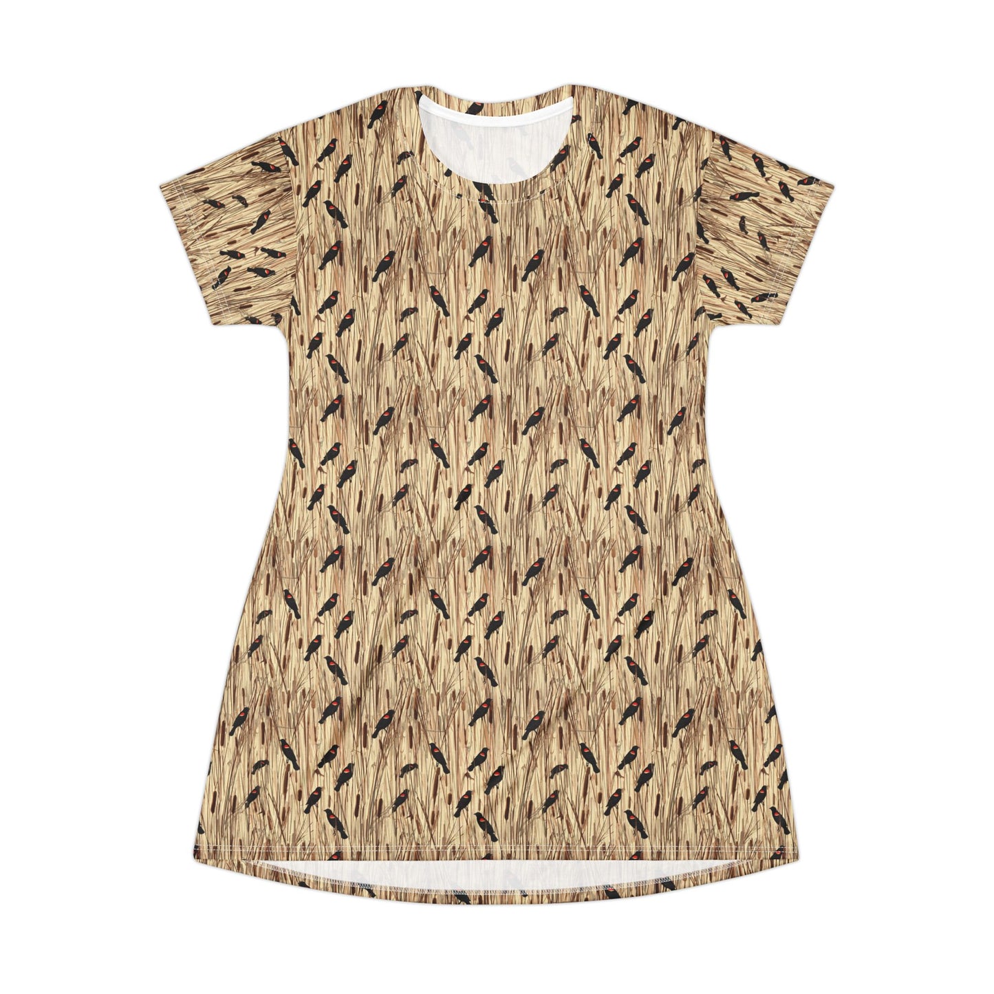 Redwinged Blackbirds and Cattails design T-Shirt Dress for Outdoor Enthusiasts