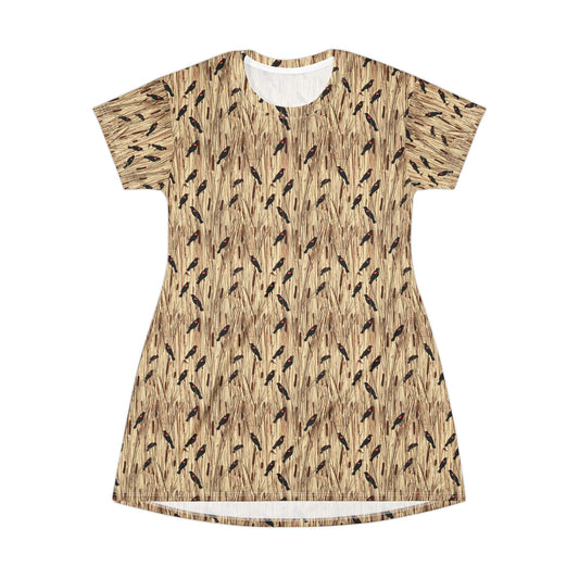 Redwinged Blackbirds and Cattails design T-Shirt Dress for Outdoor Enthusiasts