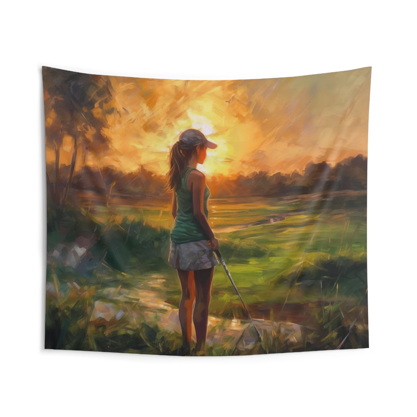 Lady Golfer at Sunset - Indoor Wall Tapestries